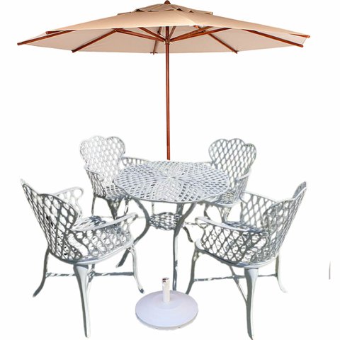 Conjunto de Jardim Viena Bambu 4 Cadeiras Aluminio Fundido + Ombrelone