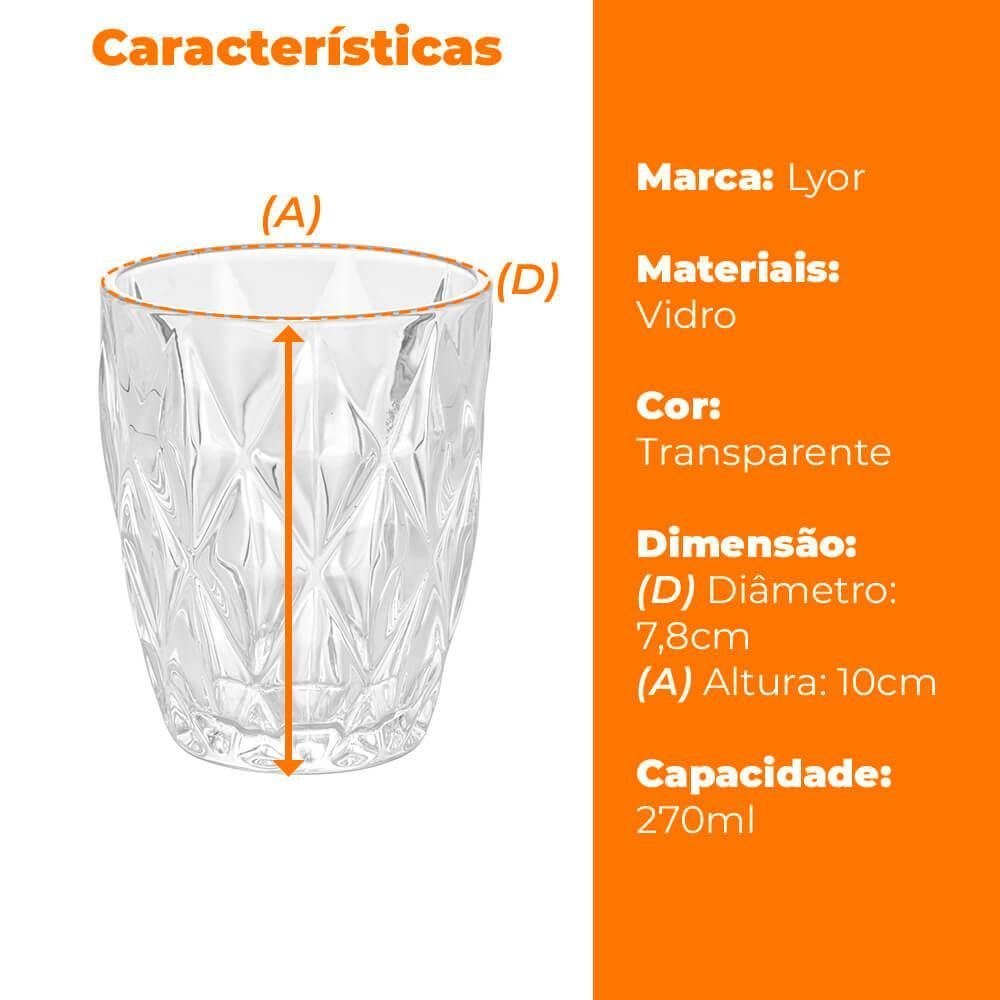 Jogo de Copos Alto Diamond Vidro Transparente 300ml 6 peças