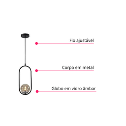Lustre Pendente Arco Preto Bola Globo Esfera Âmbar Quarto Cozinha Ilha Escritório Inl79 - 4
