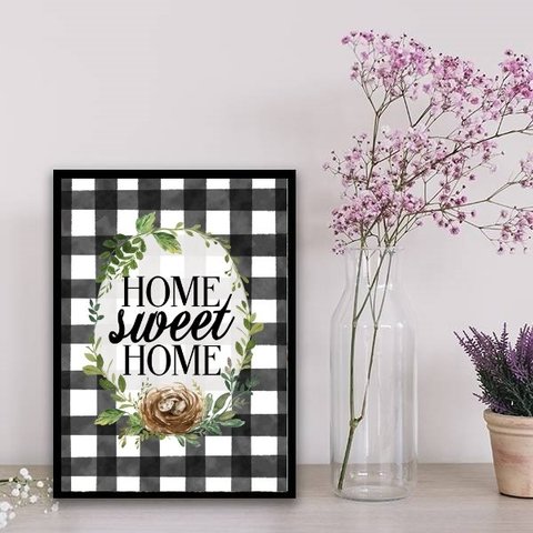 Quadro Home Sweet Home Xadrez 24x18cm - com vidro:Madeira preta