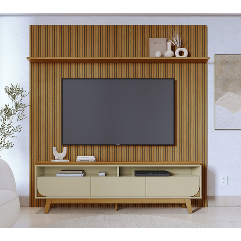 Composição Luna Painel Frisado com Bancada 3 Gaveta P/ TV's Até 75''  - Cumaru/Opala Madetec