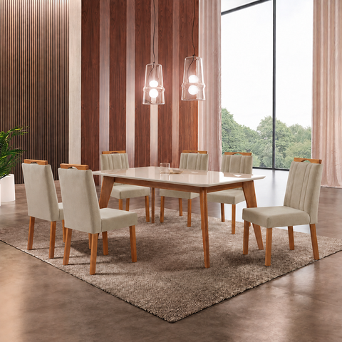 Conjunto Sala de Jantar Mesa Paris Madeira Maciça 160x90cm Tampo Retângular Vidro Off White com 6 Ca