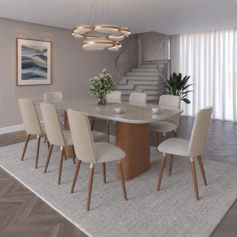 Conjunto de Jantar Mesa Lintz Vidro 8 Cadeiras Dakota - Bouclé 03 Bege c/ PU Off White