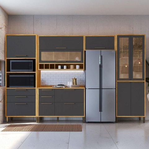 Armário de Cozinha com Balcão e Tampo 11 Portas 5 Gavetas Pérola 100% Mdf Vidro Reflecta Amêndoa/chu