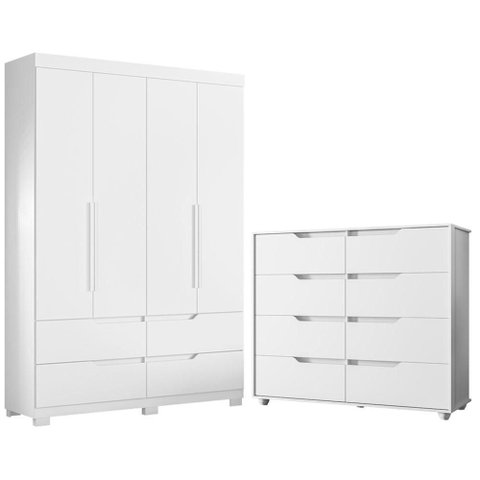 Guarda Roupa Solteiro Doble 04 Portas e Cômoda Doble Branco Freijo Flex -Móveis Albatroz