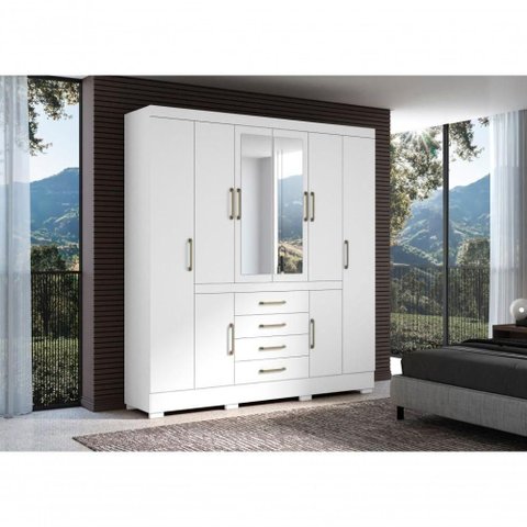 Guarda Roupa Nápole 8 Portas de Bater 4 Gavetas MDF-MDP Branco Aramóveis 201cm