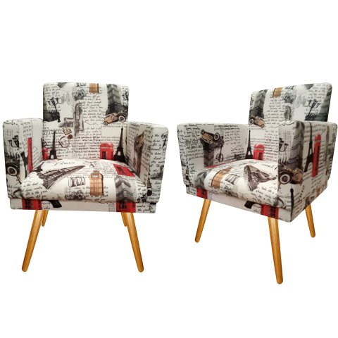 Kit 2 Poltronas Decorativa Nina Suede Paris Vermelho Pés Madeira Ms Decor