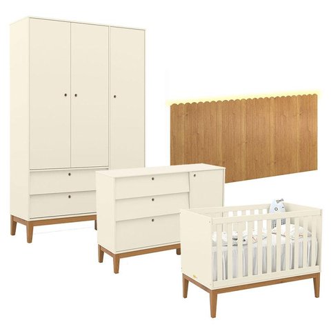 Quarto de Bebê Unique 3 Portas com Cômoda Sapateira e Painel Farm com Led Off White Eco Wood - Matic