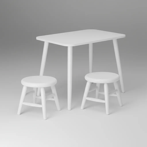 Conjunto Infantil de Mesa e 2 Banquinhos Torneados em Madeira Maciça Branco Acetinado