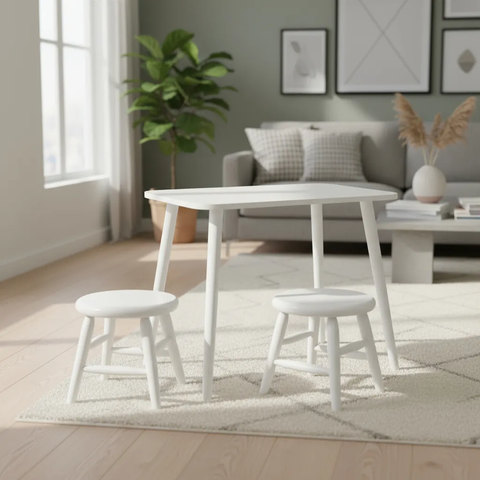 Conjunto Infantil de Mesa e 2 Banquinhos Torneados em Madeira Maciça Branco Acetinado