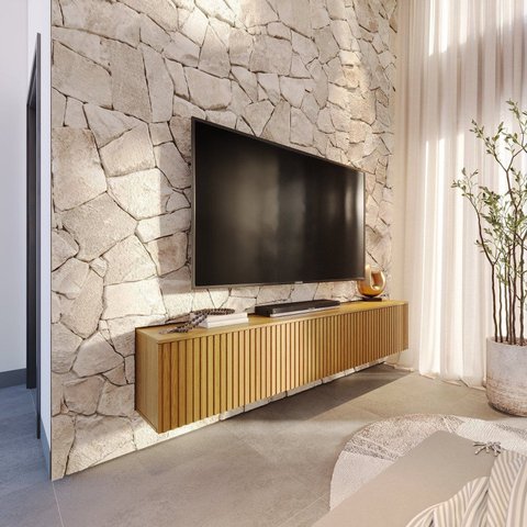 Rack Glimmer 2.14 Suspenso 100% MDF com Portas Ripadas para Sala de Estar – Carvalho