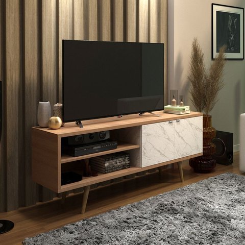 Rack para Tv até 55 Polegadas 2 Portas R1482 Amêndoa/mármore Branco