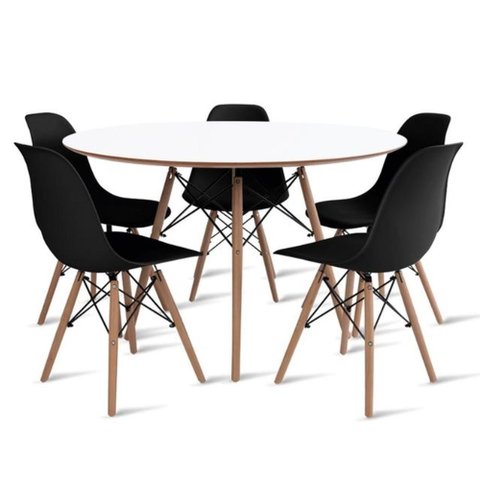 Conjunto de Mesa de Jantar Eames Eiffel Redonda 100cm Tampo de Madeira Branco com 5 Cadeiras Pretas