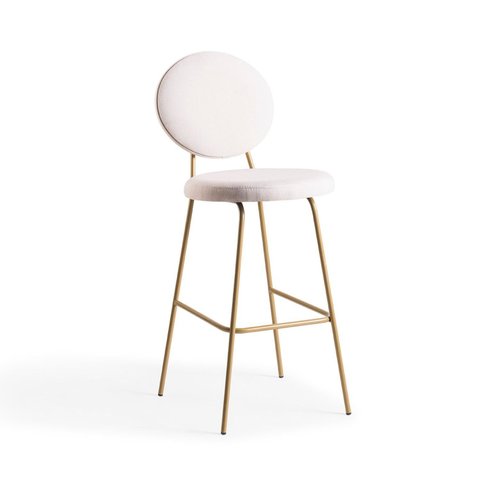 Banqueta Alta Estofada Moa Base Aço Dourada / Tecido Branco