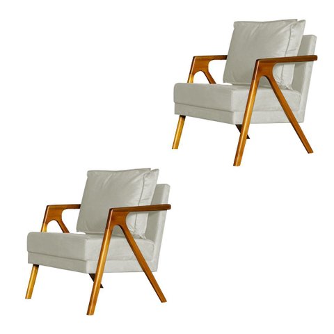 Kit 2 Poltronas Decorativa Mona Madeira Maciça Corino Bege