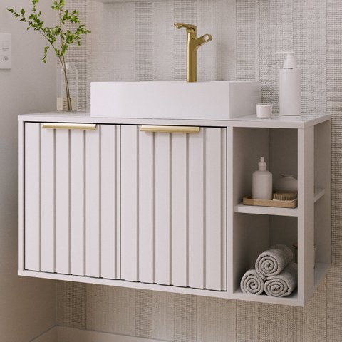 Gabinete para Banheiro 80cm com 2 Portas 2 Nichos e Cuba de Sobrepor Noruega