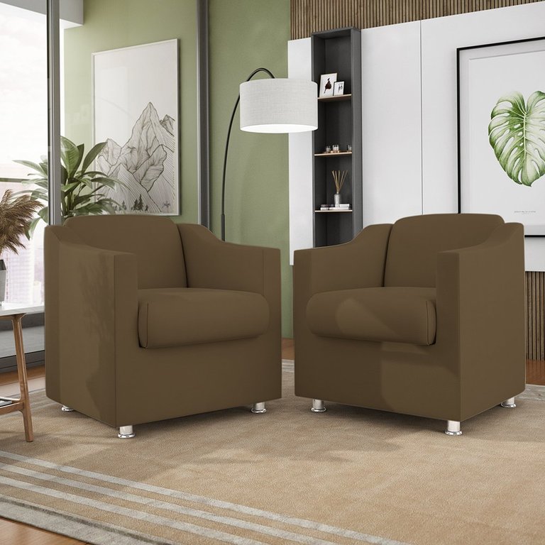 Kit 2 Poltronas Decorativas Reforçada Consultório Sala Suede Cor:Marrom