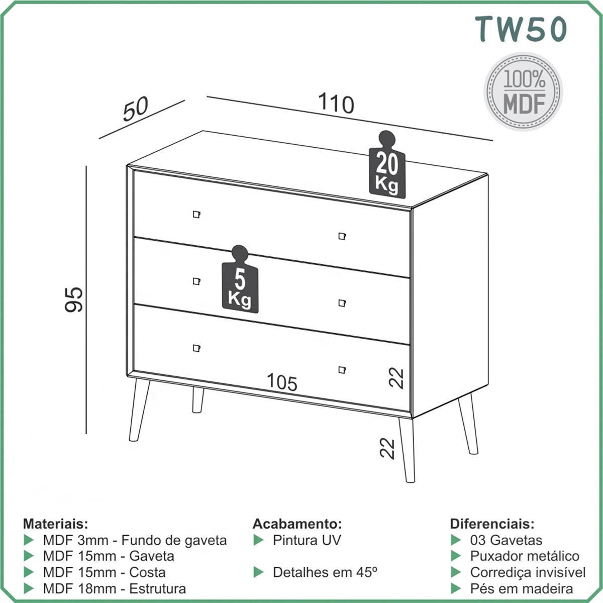 Cômoda com 03 Gavetas 100% Mdf 110cm Tw50 Dalla Costa - Freijó - 3