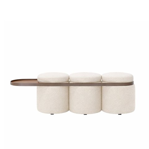 Puff Linen 3 Lugares com Mesa Auxiliar Aro Titânio Poliéster Bouclé Off White - Sallar Home