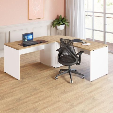 Mesa para Escritório em L Mesa L 190cm x 70cm Macadâmia com Branco F5 Office