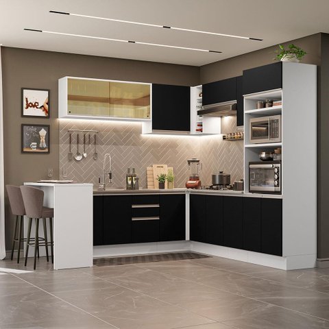 Armário de Cozinha Completa de Canto 504cm Branco/Preto Glamy Madesa 01