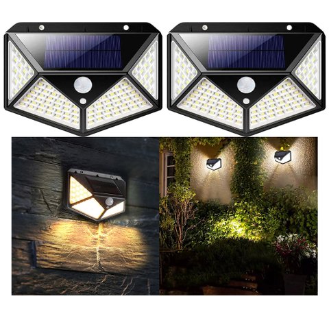 Luminaria Solar 100 Leds Sensor Presença 3 Funçoes Kit 2 Uni Iluminaçao Exterior Rua Casa