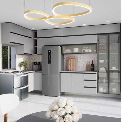 Cozinha Modulada 15 Peças 11 Aéreos 3 Balcões 1 Cristaleira Nara CabeCasa MadeiraOriginals Cinza