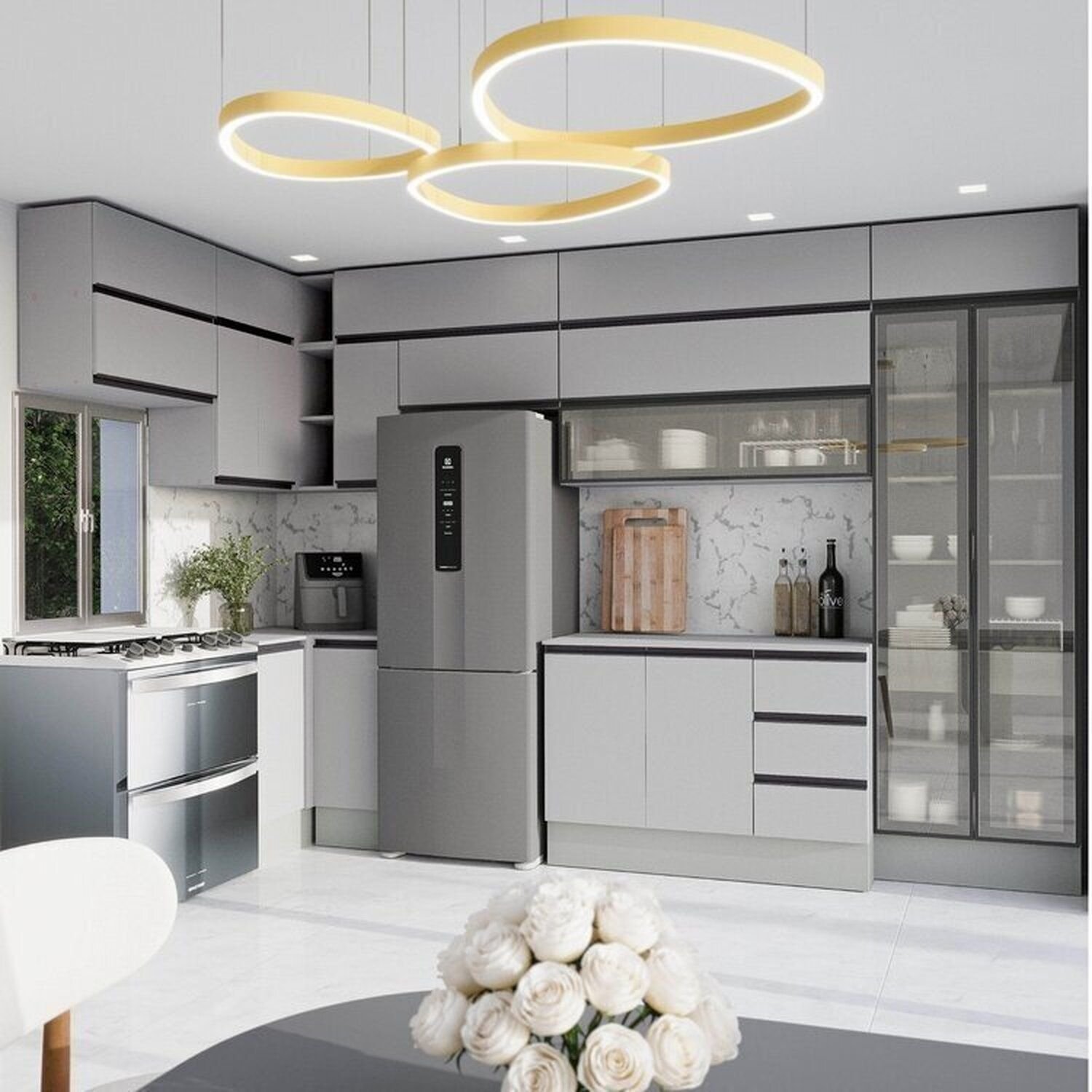 Cozinha Modulada 15 Peças 11 Aéreos 3 Balcões 1 Cristaleira Nara