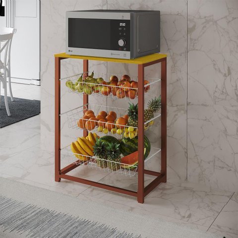 Fruteira com Suporte para Micro-ondas Barcelona Aço Cobre Cesto Branco Tampo Amêndoa - Cor: Marrom