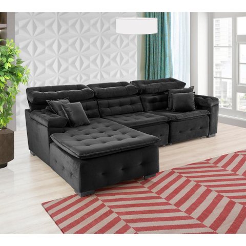Sofá Orlando 2.80x1.70m com Chaise, Retrátil e Reclinável - Preto