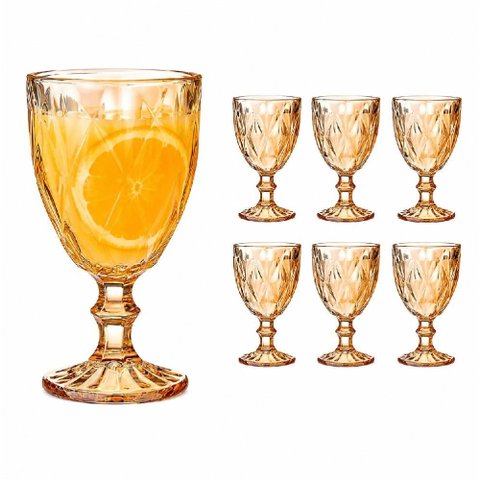 Jogo 6 Tacas Vidro Diamante Amber Metalizada 330ml Conjunto Ambar Canelado Bebidas Drinks Luxo Decor