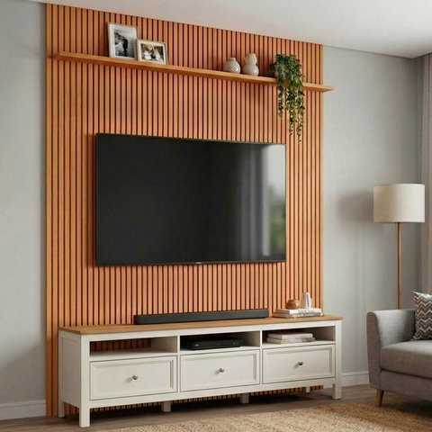 Rack com Painel Ripado TV até 75 Polegadas Madeira Maciça Aloe Ananda CabeCasa MadeiraOriginals