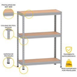 ESTANTE DE AÇO PESADA 125X92X40 3 PRAT. MAD. PANDIN - CINZA EPP1250X400 PRAT MAD - 3
