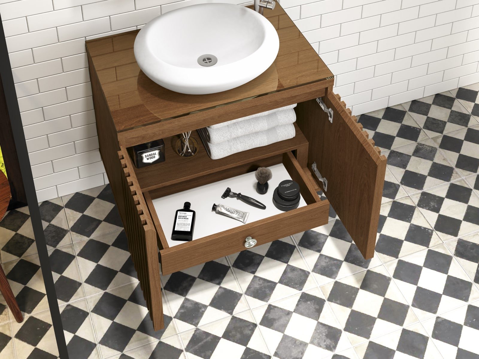 Balcão Gabinete Banheiro Ripado 60 Freijo C/ Cuba Branca - 2