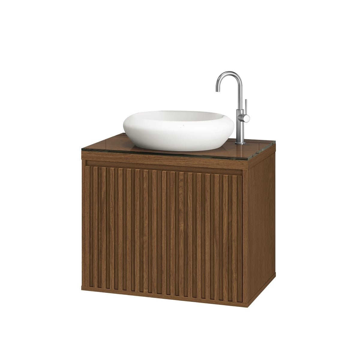 Balcão Gabinete Banheiro Ripado 60 Freijo C/ Cuba Branca