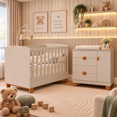 Quarto de Bebê Completo Apolo | Berço 2 em 1, Cômoda Sapateira 100% MDF