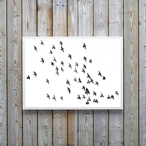 Quadro Decorativo Minimalista Pássaros Voando 45x34cm:madeira Branca