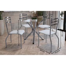 Conjunto: Mesa de Cozinha Volga c/ Tampo Vidro 95cm + 4 Cadeiras Portugal Cromada/Branco - - 1
