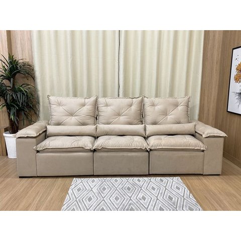 Sofá Retrátil e Reclinável 2,70m em Tecido Veludão C/pillow Nos Braços Athenas:bege/270cm