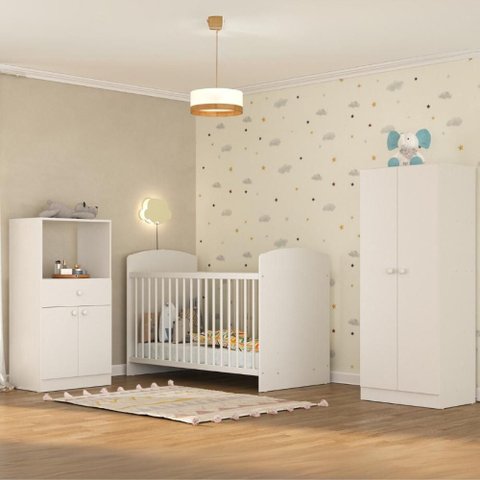 Quarto Infantil Completo com Berço Guarda-roupa e Cômoda Multimóveis Mp4358 Branco