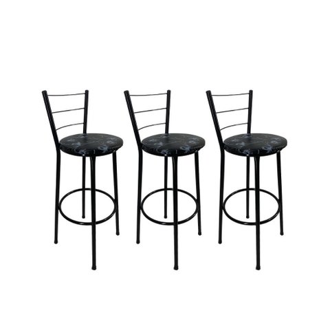 Kit 3 Banqueta Alta Preta Cozinha Gourmet Americana Balcão:preto Floral