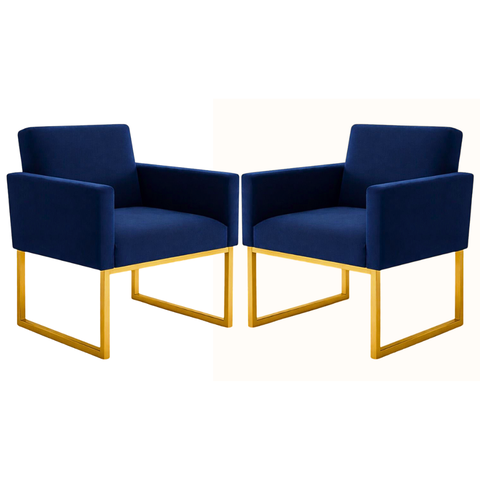 Kit 2 Poltronas Reforçada Recepção Base Metálico Dourado Azul-marinho