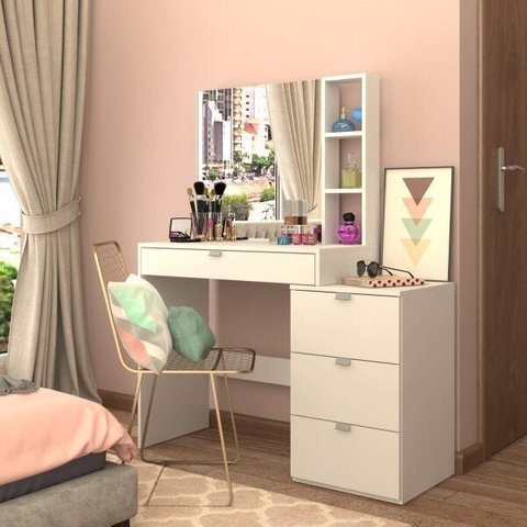 Penteadeira Camarim com Espelho 4 Gavetas 3 Nichos