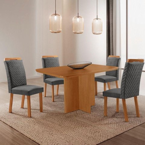 Conjunto de Jantar Olimpia 4 Lugares Tampo MDF Canto Copo Linho Grafite e Naturalle 120cm Moderna