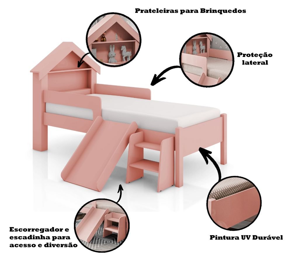 Cama Infantil Casinha Castelo Escorregador e Escada Criança Grade de Proteção com Colchão Cor Rosa - 3