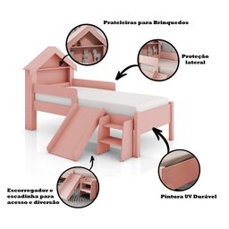 Cama Infantil Casinha Castelo Escorregador e Escada Criança Grade de Proteção com Colchão Cor Rosa - 3
