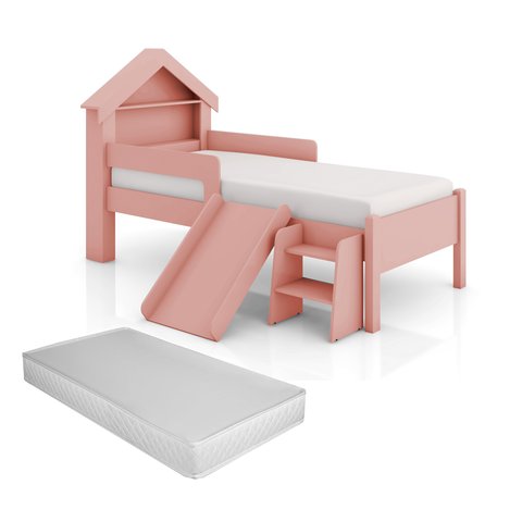Cama Infantil Casinha Castelo Escorregador e Escada Criança Grade de Proteção com Colchão Cor Rosa