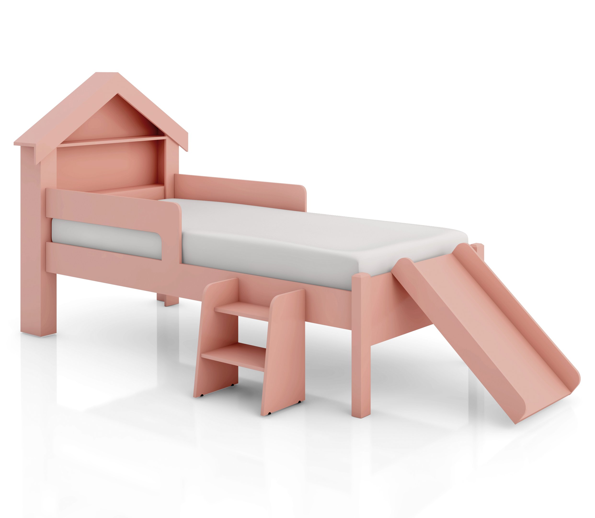 Cama Infantil Casinha Castelo Escorregador e Escada Criança Grade de Proteção com Colchão Cor Rosa - 4