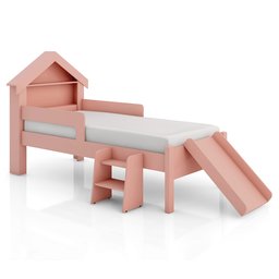 Cama Infantil Casinha Castelo Escorregador e Escada Criança Grade de Proteção com Colchão Cor Rosa - 4