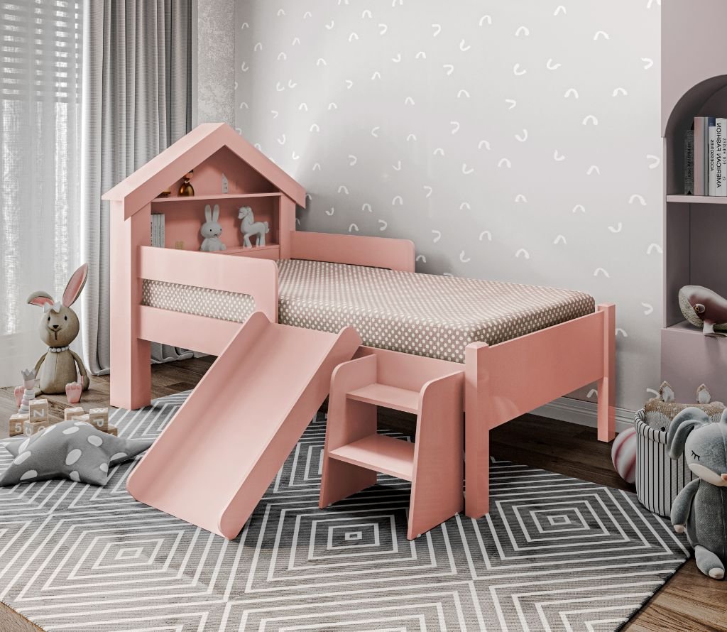 Cama Infantil Casinha Castelo Escorregador e Escada Criança Grade de Proteção com Colchão Cor Rosa - 2